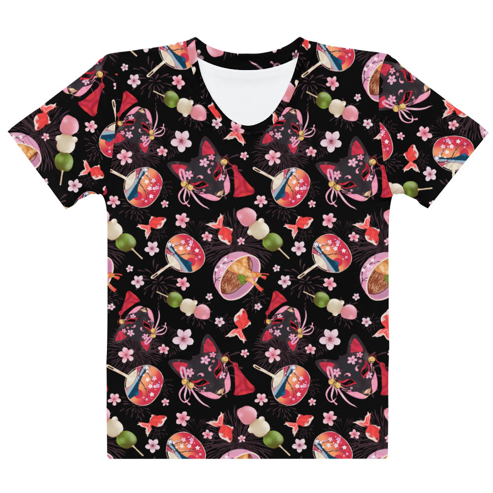 Colorful Matsuri T-shirt featuring dango, pink blossoms, and goldfish motifs, perfect for spring and summer outfits.