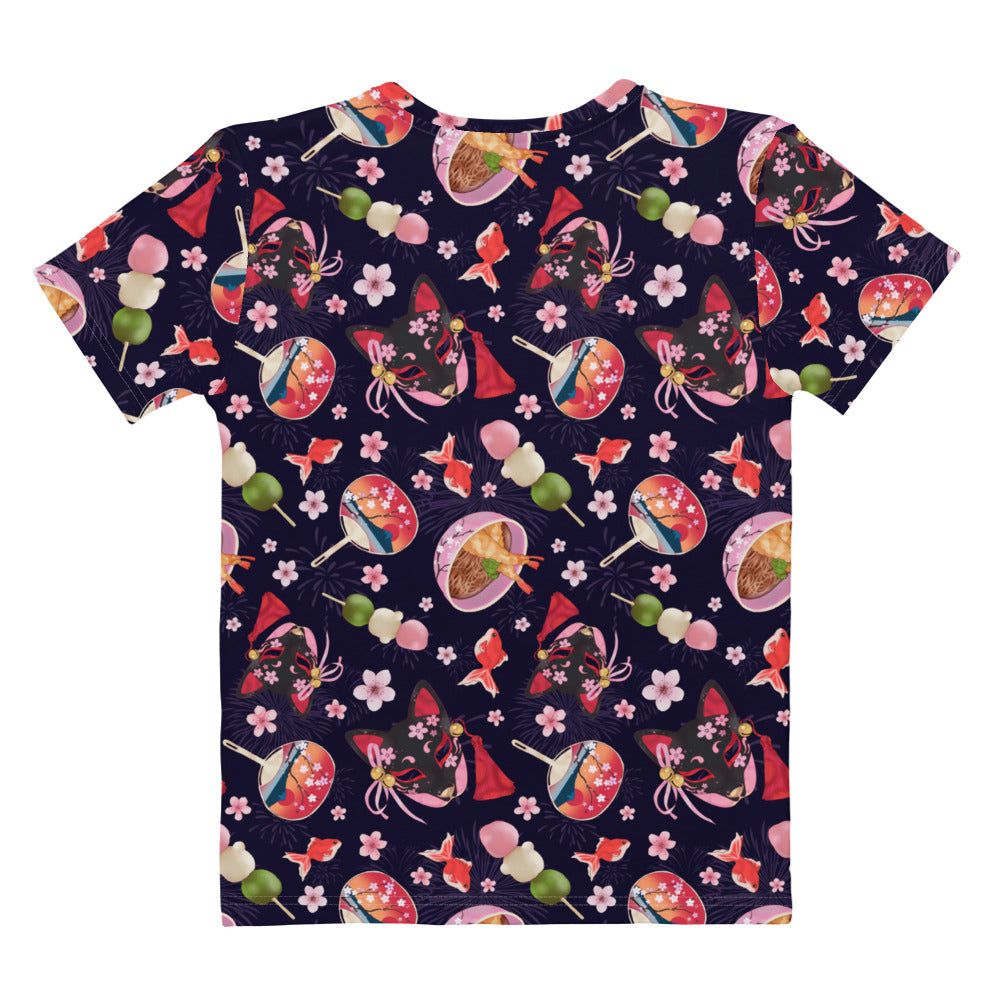 Vibrant Matsuri T-shirt featuring dango, pink blossoms, and goldfish motifs, perfect for spring and summer outfits.