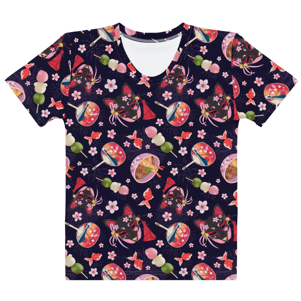 Matsuri T-shirt featuring vibrant dango, pink blossoms, and goldfish motifs, perfect for spring and summer outfits.