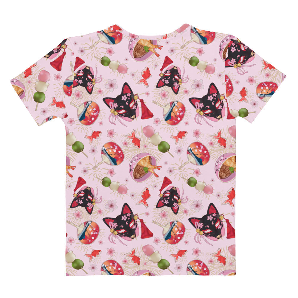 Vibrant Matsuri T-shirt featuring dango, blossoms, and goldfish, perfect for spring and summer outfits.