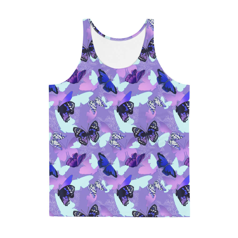 Vibrant Men's Butterfly Tank Top features a soft, stretchy fabric for a relaxed fit, perfect for stylish summer outings.
