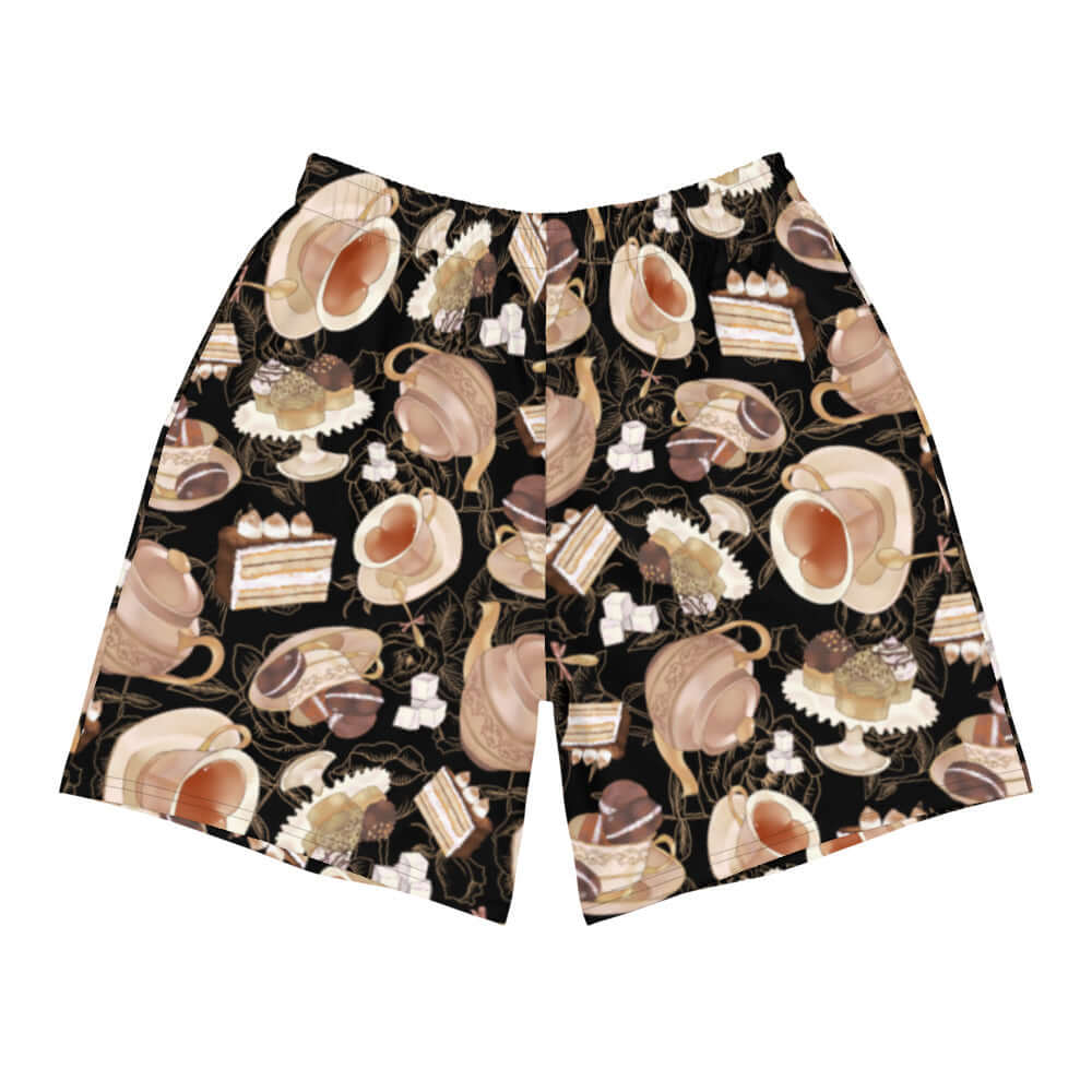 Men's Café Athletic Shorts featuring a fun, all-over coffee and dessert print, perfect for any workout or casual wear.
