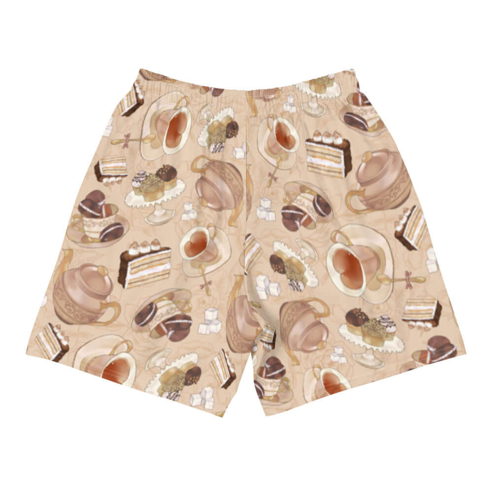 Men's Café Athletic Shorts featuring a fun coffee and dessert print, perfect for workouts or casual outings.
