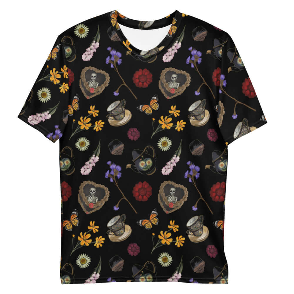 Men's Gothic Tea Time T-shirt features a vibrant floral and skull design, perfect for a unique, stylish look.