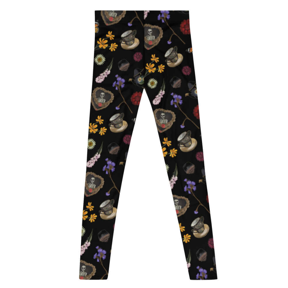 Stylish Men's Gothic Tea Time Leggings featuring a unique floral and skull design, perfect for active wear.