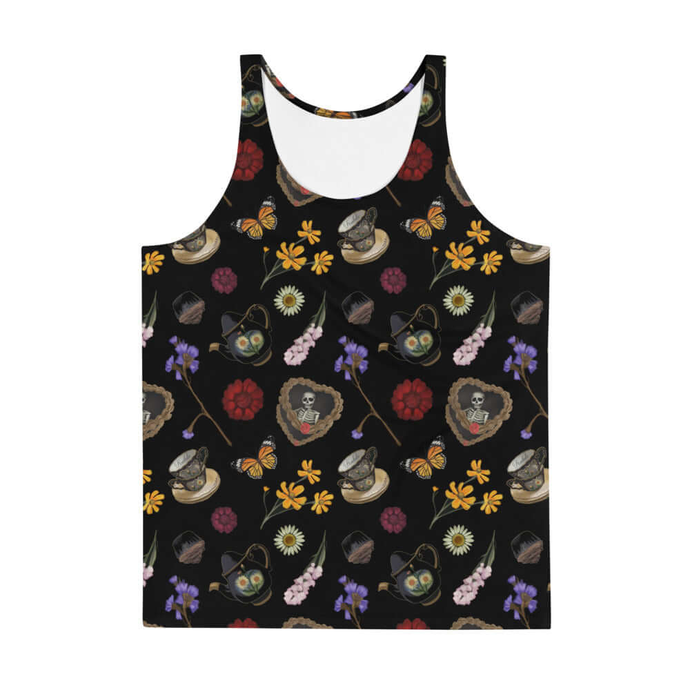 Men's Gothic Tea Time Tank Top featuring vibrant floral and skull designs, perfect for a stylish and relaxed look.