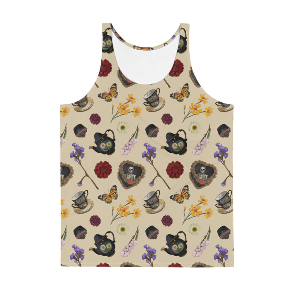 Vibrant Men's Gothic Tea Time Tank Top featuring unique patterns and a comfortable, relaxed fit for stylish wear.