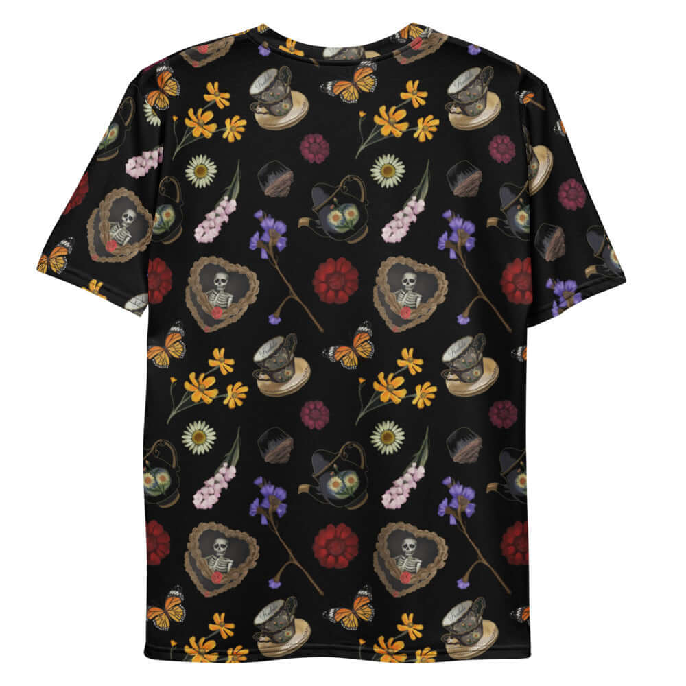 Stylish Men's Gothic Tea Time T-shirt featuring vibrant floral and tea motifs, perfect for unique casual wear.