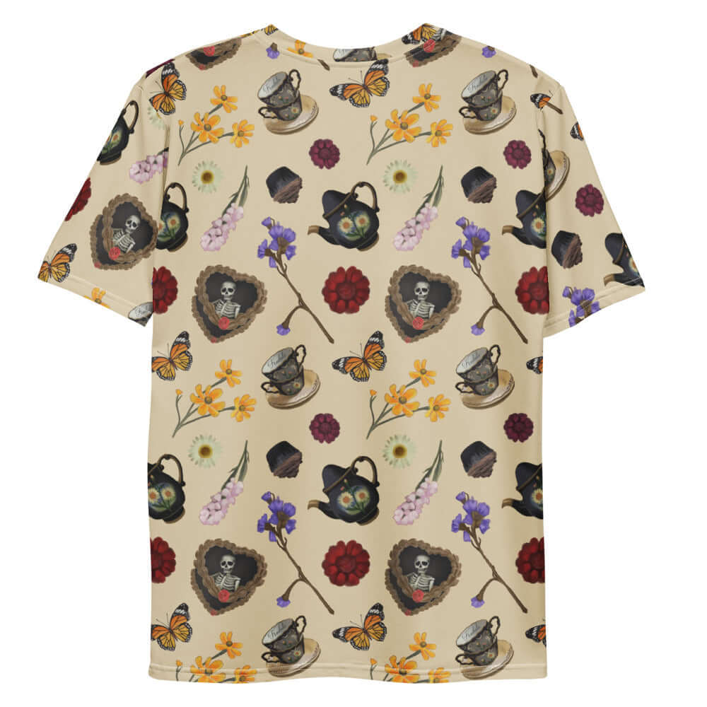 Colorful Men's Gothic Tea Time T-shirt featuring floral and teacup designs, perfect for stylish comfort.