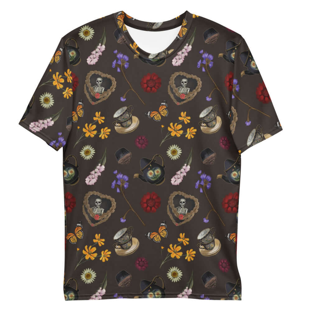 Men's Gothic Tea Time T-shirt features a unique floral and skull pattern, offering comfort with a stylish twist.