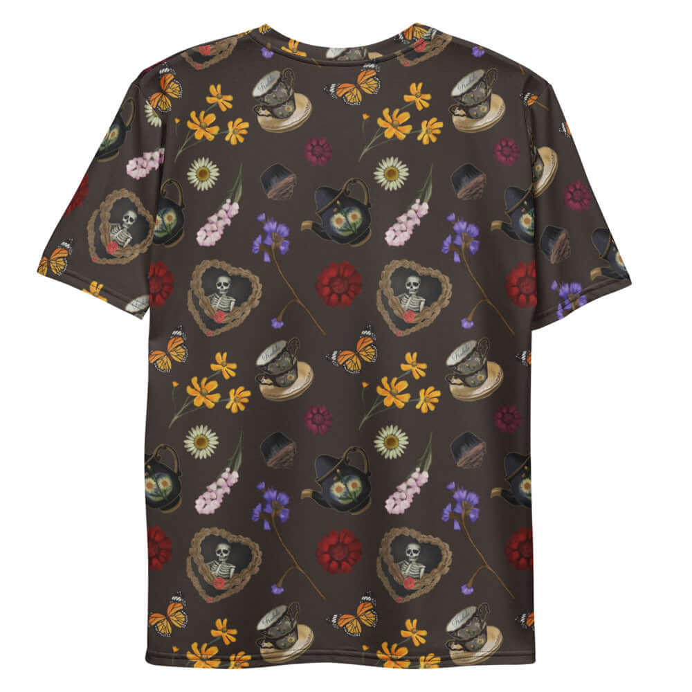 Stylish Men's Gothic Tea Time T-shirt features vibrant floral and skull designs for a unique look, perfect for all occasions.