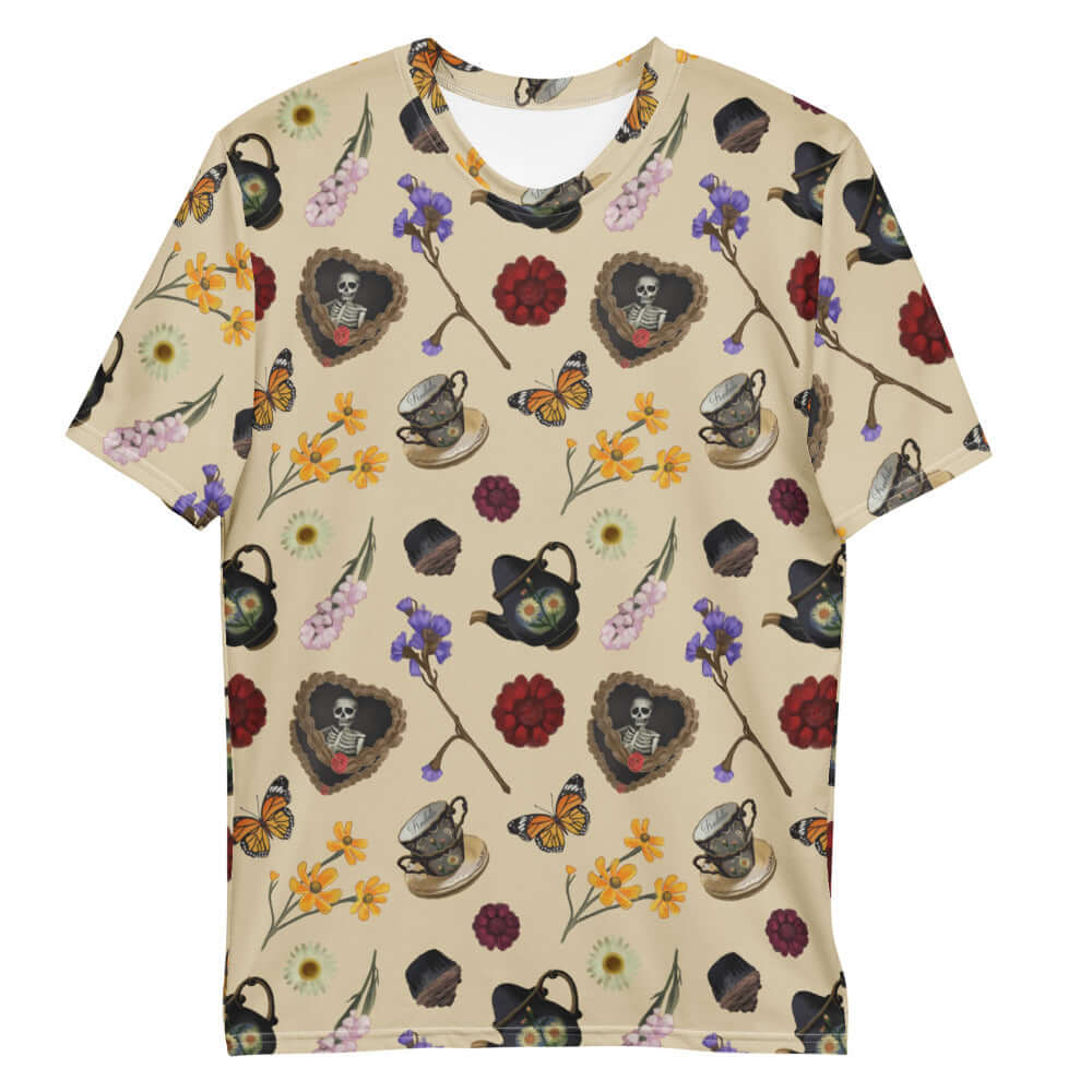 Men's Gothic Tea Time T-shirt features intricate prints of teacups, flowers, and butterflies on a soft, durable fabric.