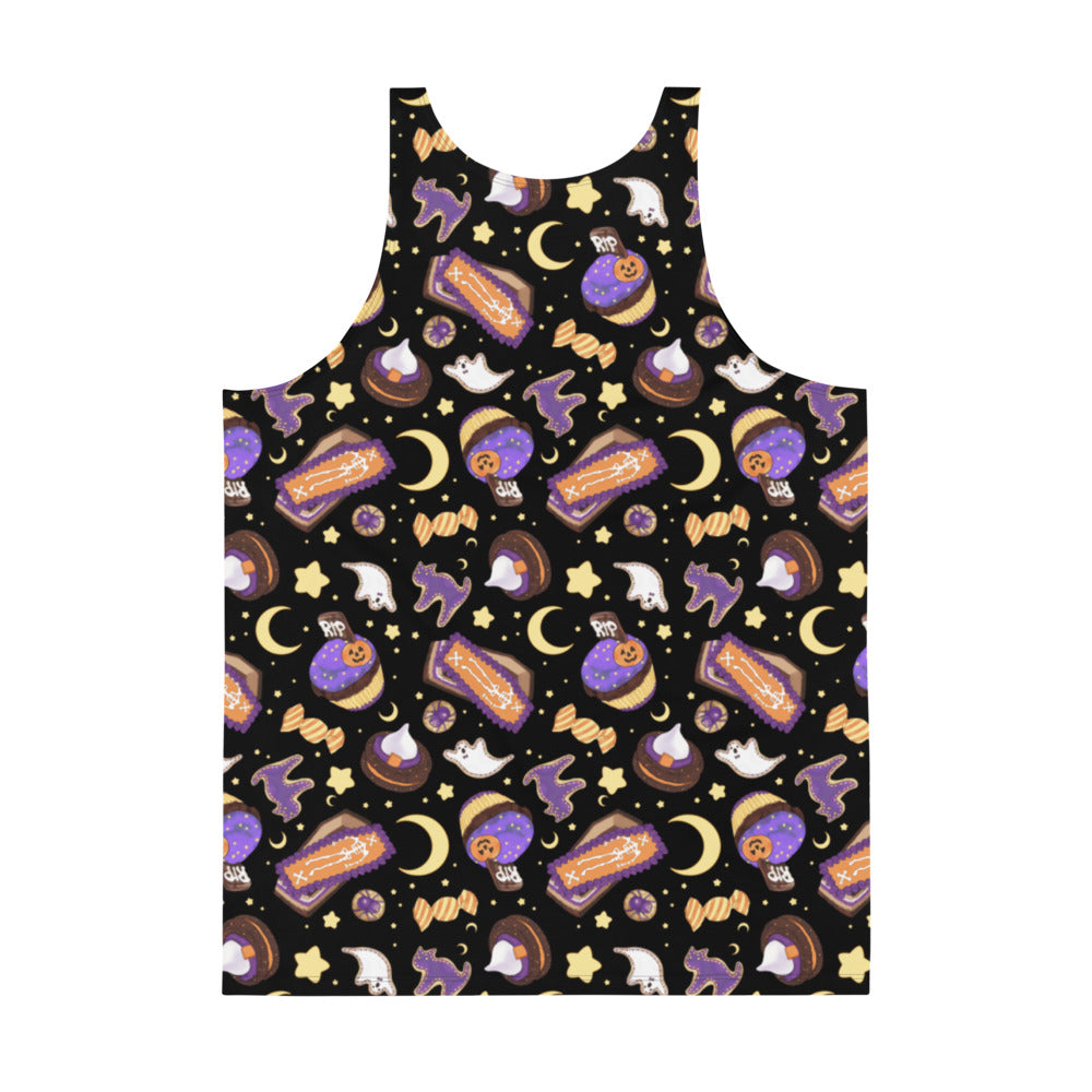 Get festive with this Men's Halloween Treat Tank Top, featuring a fun pattern of treats and spooky elements.