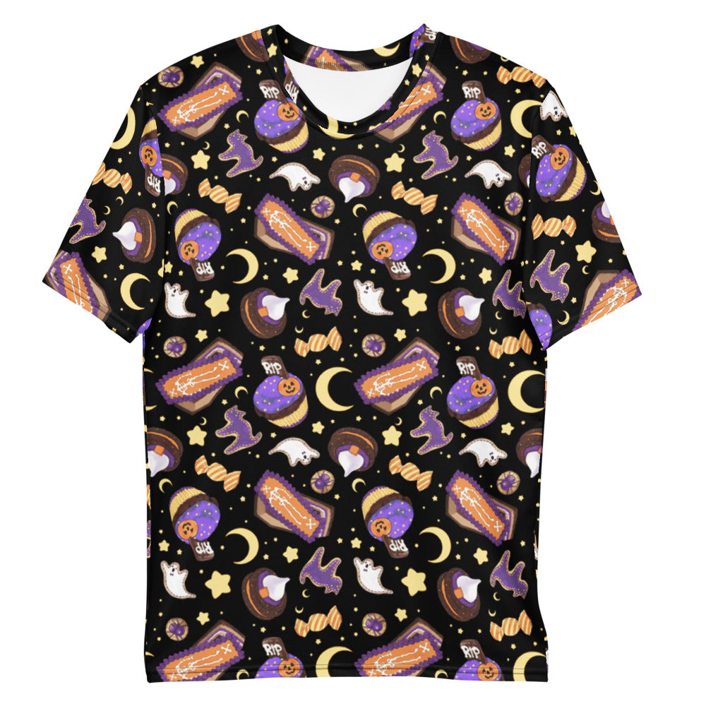 Men's Halloween Treat T-shirt featuring a playful design of ghosts, cupcakes, and spooky elements for festive style.