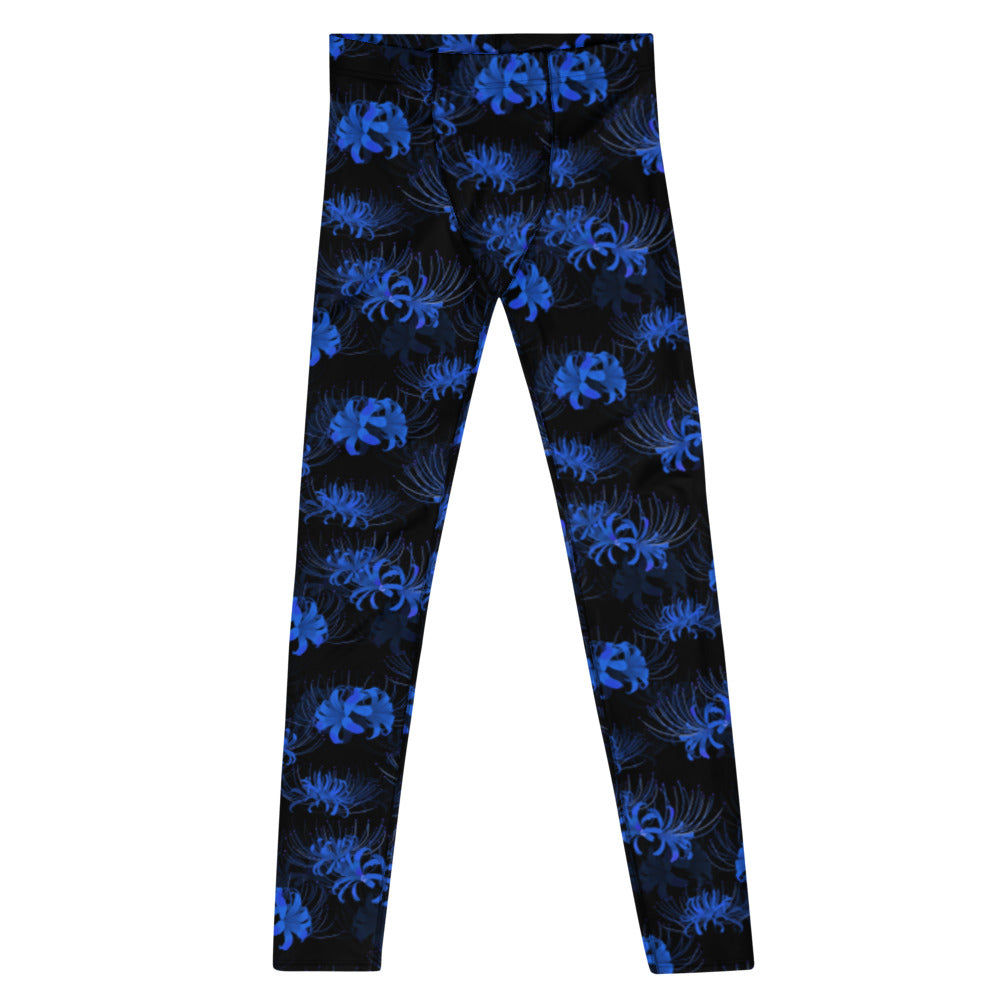 Men's Higanbana Leggings feature a stylish blue floral design, perfect for active wear or layering during workouts.