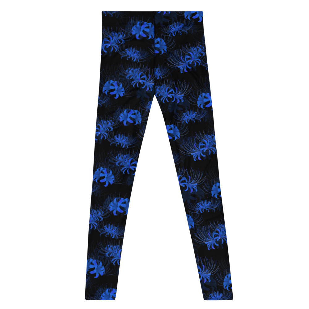 Men's Higanbana Leggings feature a vibrant blue floral design, perfect for any workout or casual wear.