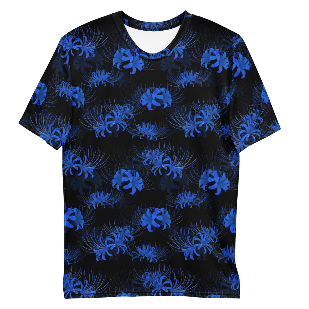 Stylish Men's Higanbana T-shirt featuring vibrant blue floral design, made from soft, stretchy fabric for comfort.