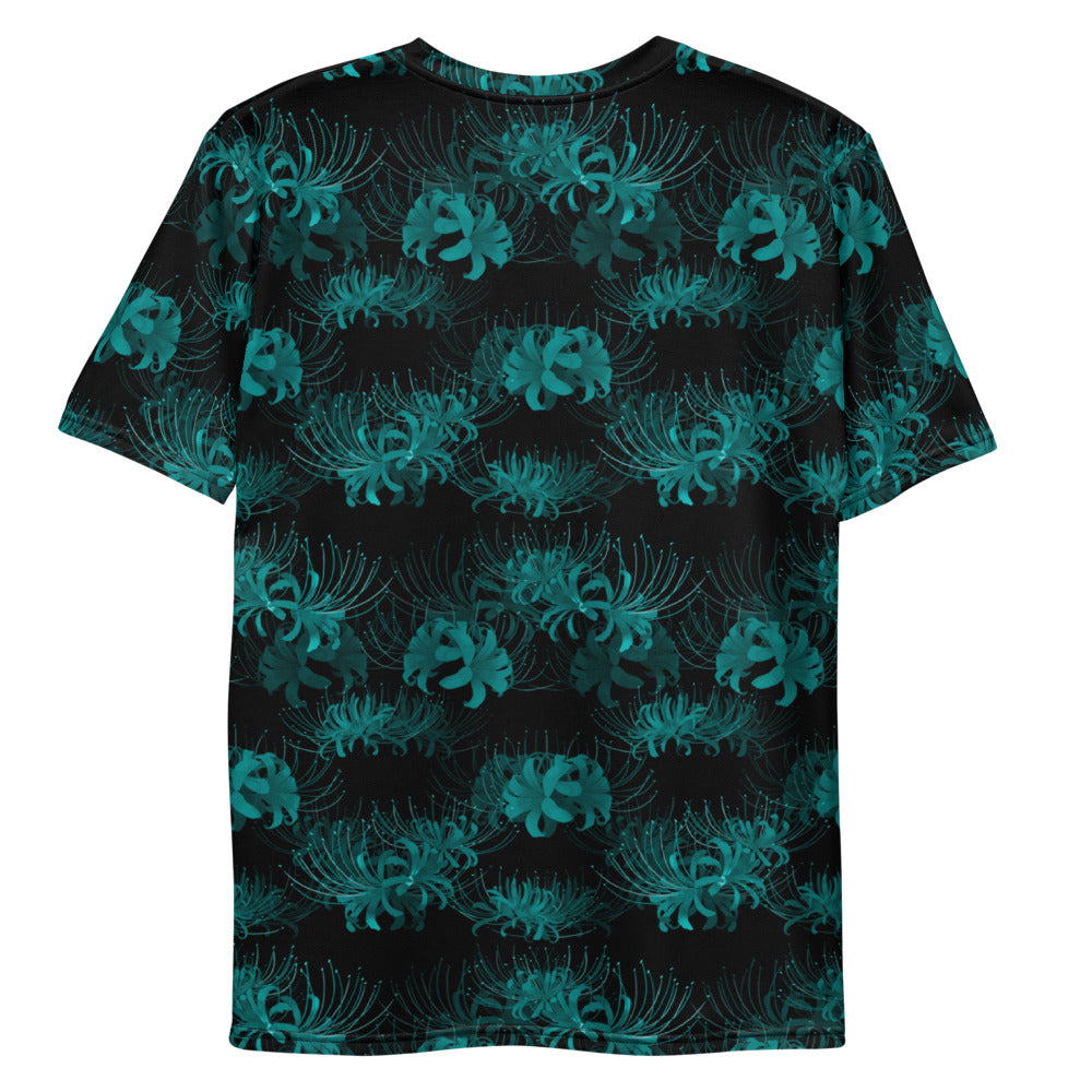 Men's Higanbana T-shirt features a vibrant floral design on a soft black background, perfect for any casual outfit.