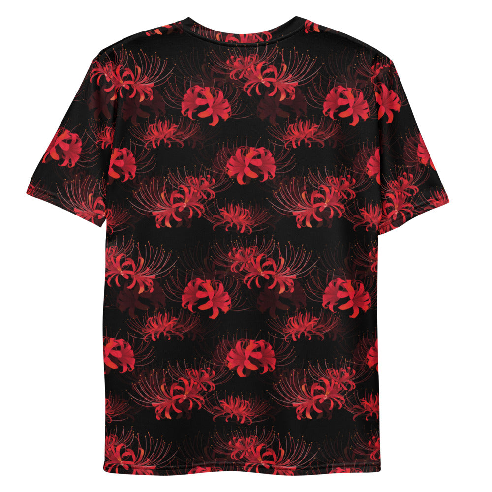 Men's Higanbana T-shirt featuring vibrant red floral design, perfect for comfort and style. Ideal for everyday wear.