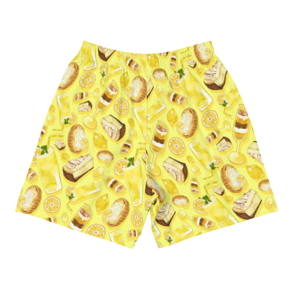 Men's Lemon Athletic Shorts feature a vibrant lemon print, perfect for running, swimming, or any active lifestyle.