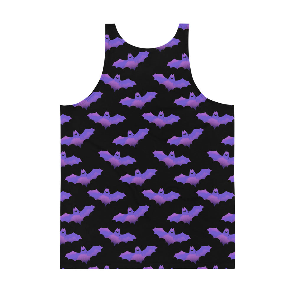 Men's Morrigan Tank Top features a vibrant bat design, perfect for a stylish and comfortable summer look.