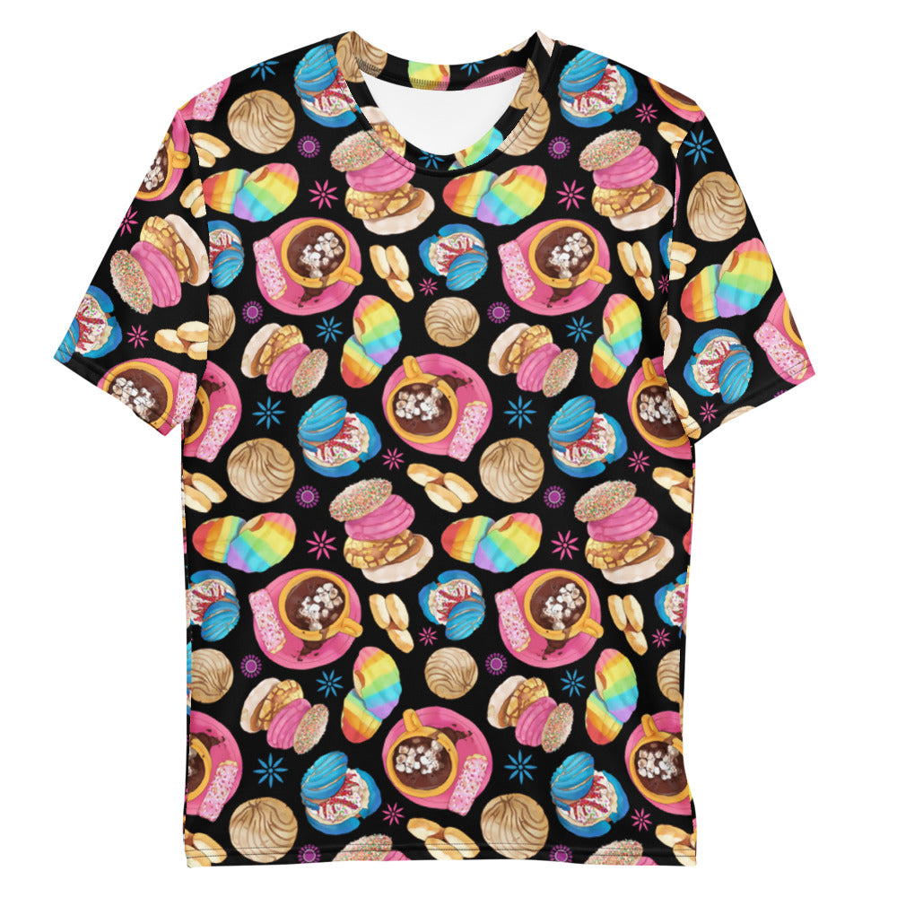 Men's Pan Dulce T-shirt featuring colorful pastry designs, made from comfortable, durable polyester blend fabric.