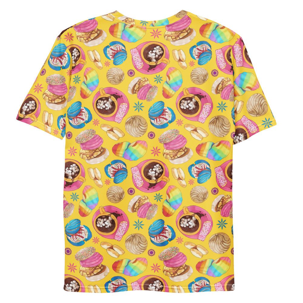 Men's Pan Dulce T-shirt features a vibrant design with delicious pastries, made from soft and stretchy fabric.