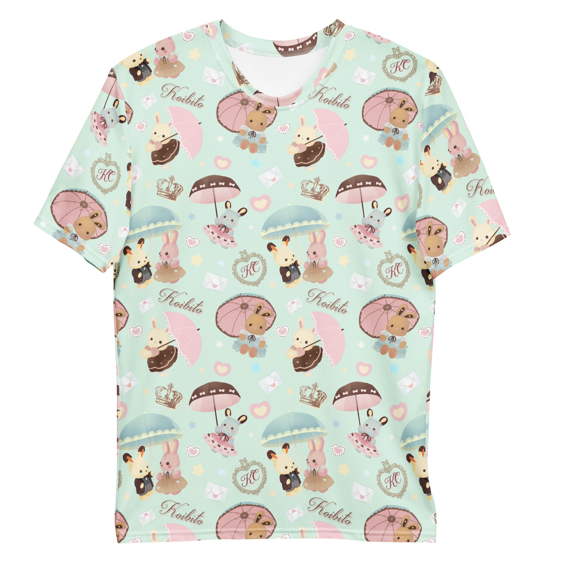 Brighten your spring wardrobe with the Men's Parasol Bunny T-shirt, featuring adorable bunnies and pastel colors.