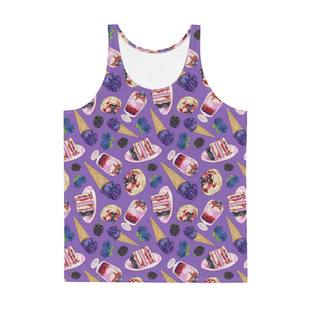 Vibrant Men's Berry Tank Top featuring a fun food print, made from soft, stretchy material for ultimate comfort.