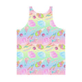 Vibrant Men's Rainbow Candy Tank Top featuring fun candy prints, perfect for a stylish summer look.