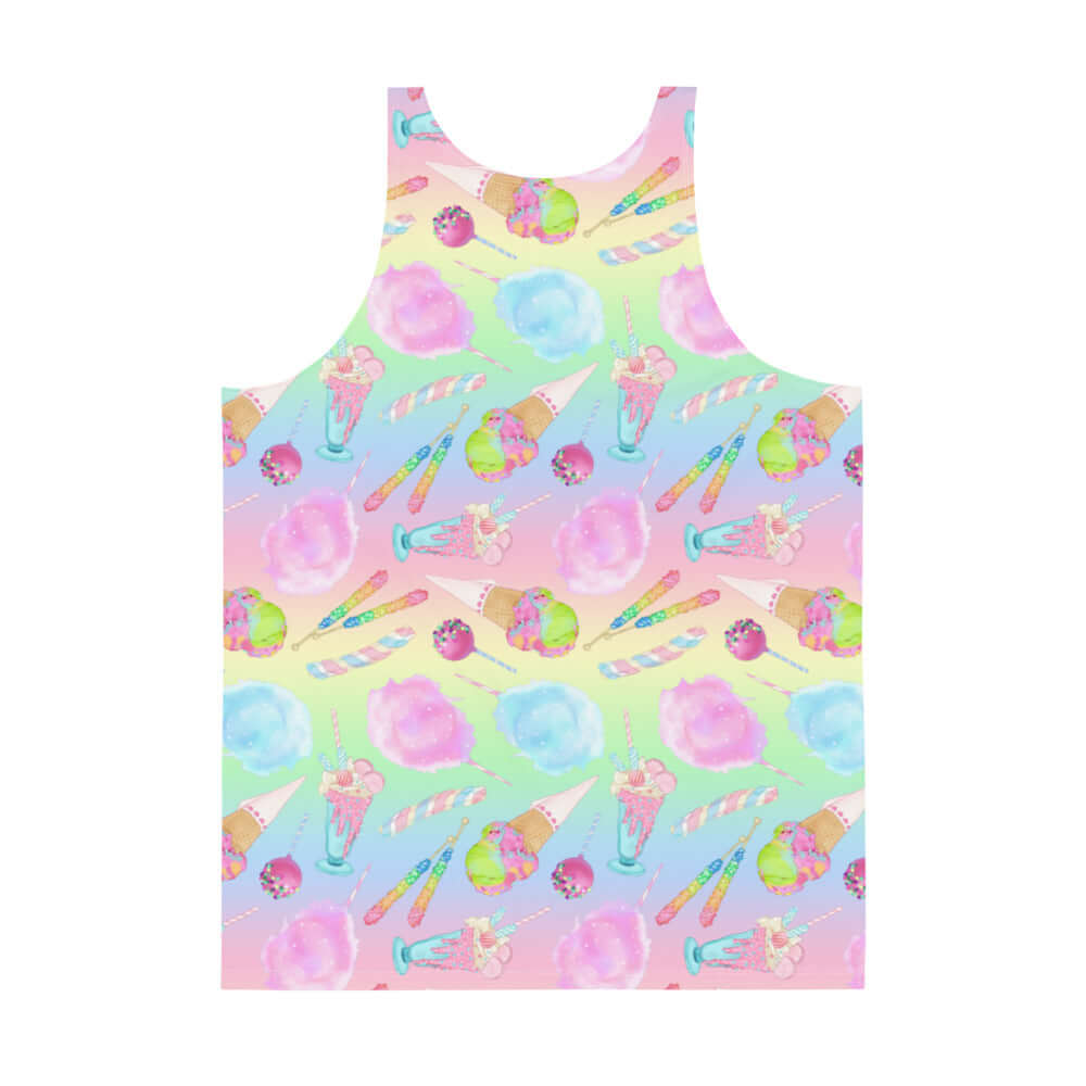 Vibrant Men's Rainbow Candy Tank Top featuring fun candy prints, perfect for a stylish summer look.