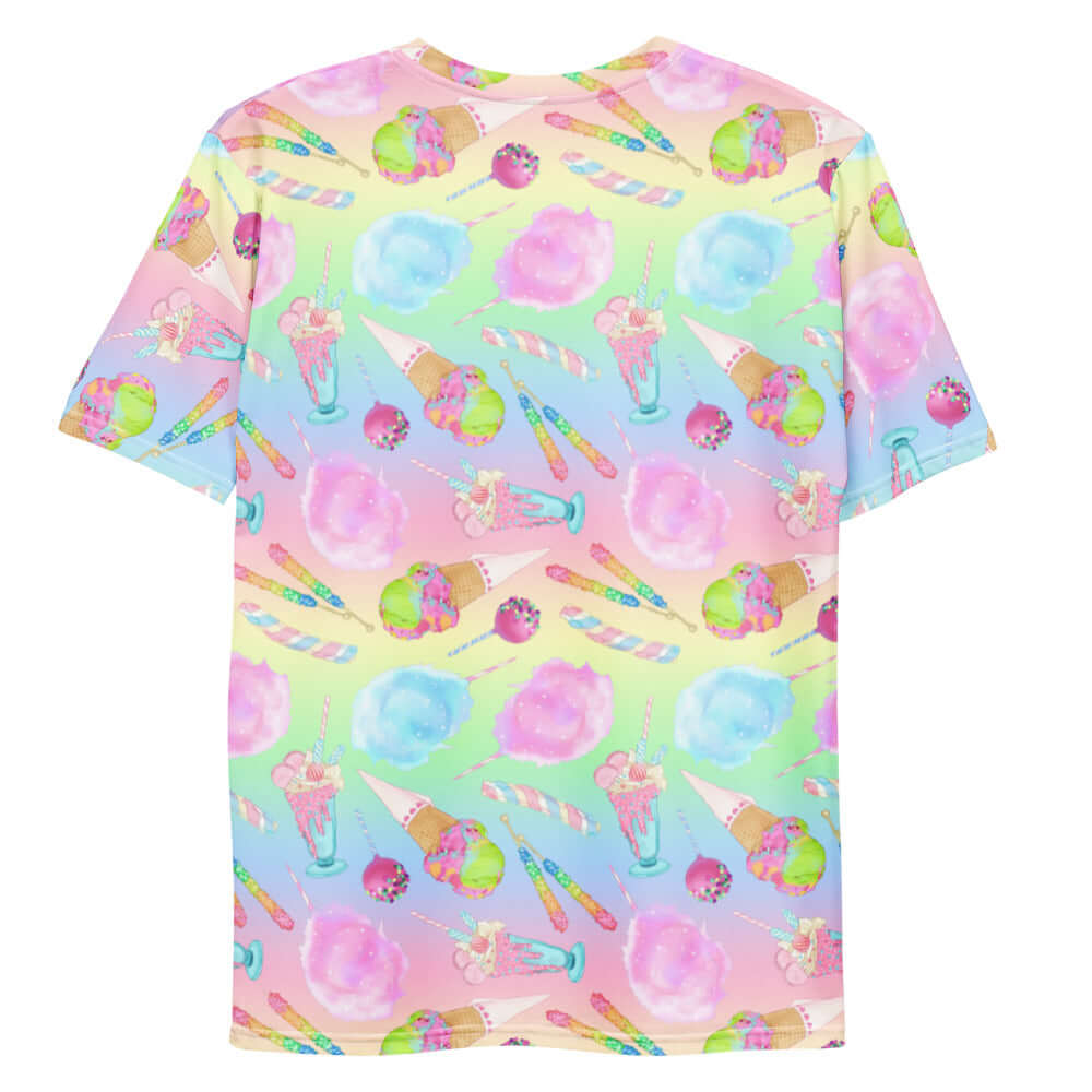 Colorful design of the Men's Rainbow Candy T-shirt featuring sweet treats and a soft, stretchy fabric. Perfect for summer!
