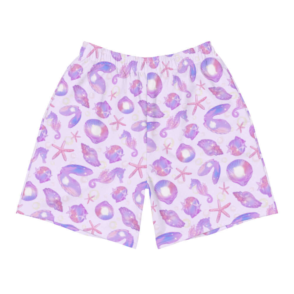 Men's Sea Princess Athletic Shorts feature a colorful seashell design, perfect for active days at the beach or gym.