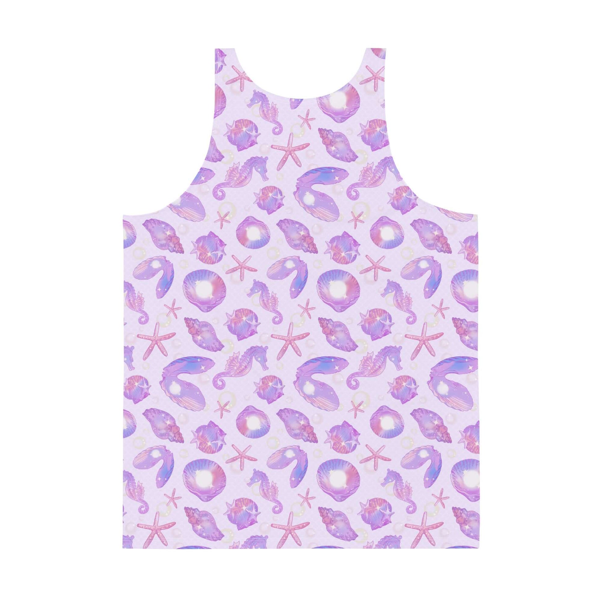 Vibrant Men's Sea Princess Tank Top featuring seashell and starfish patterns, perfect for a relaxed summer look.
