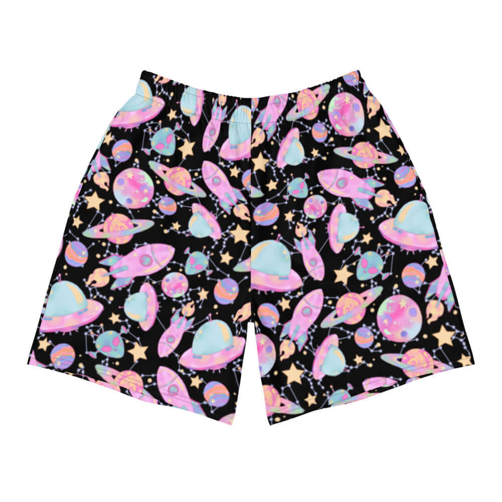 Men's Space Athletic Shorts feature a vibrant space-themed design, perfect for workouts and casual wear.