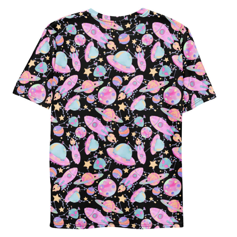 Colorful Men's Space T-shirt featuring vibrant planets and rockets, perfect for stylish comfort and durability.