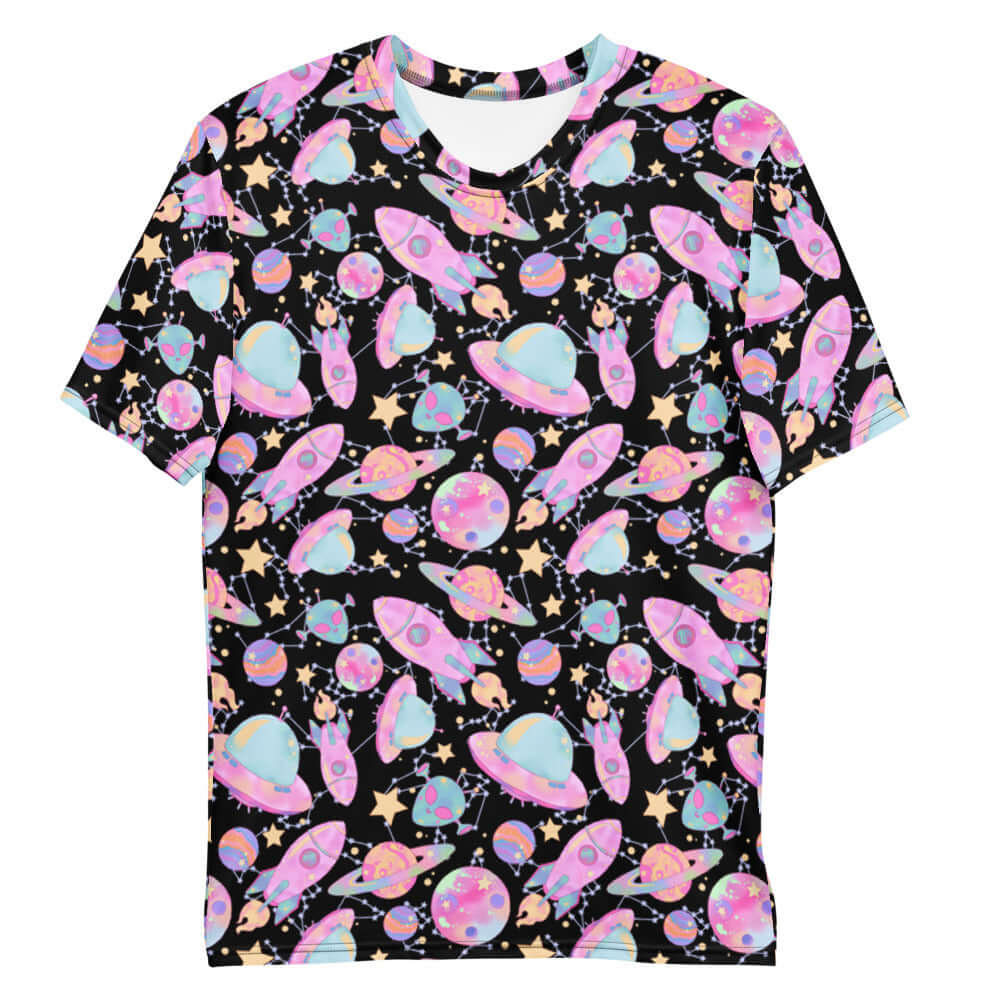 Vibrant Men's Space T-shirt featuring colorful planets and rockets, perfect for cosmic enthusiasts and casual wear.