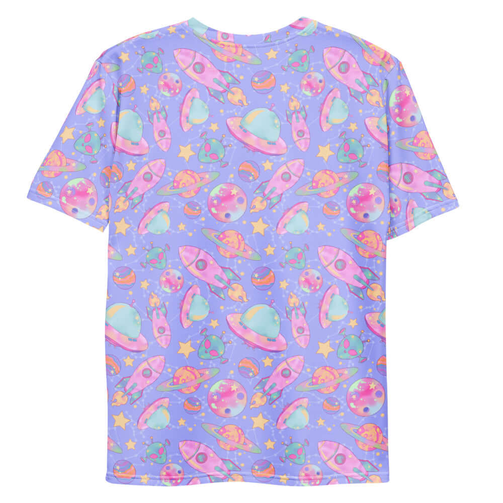 Vibrant Men's Space T-shirt featuring colorful planets and rockets, perfect for a stylish and comfortable look.