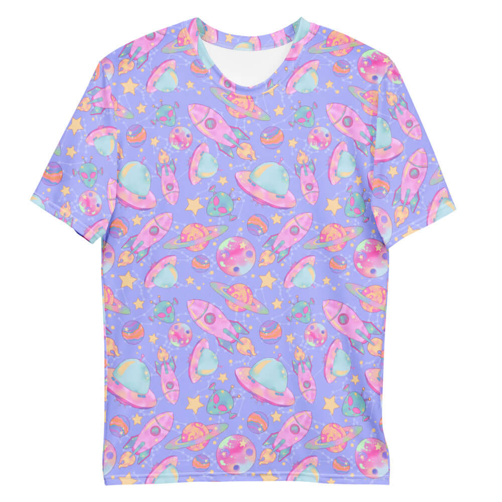 Colorful Men's Space T-shirt featuring vibrant planets and rockets, perfect for comfort and style. Ideal for casual wear.