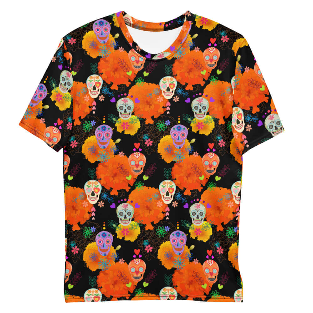 Colorful Men's Sugar Skull T-shirt featuring vibrant designs, perfect for festive occasions and self-expression.