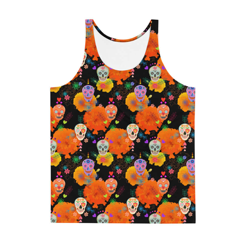 Vibrant Men's Sugar Skull Tank Top featuring colorful skulls, perfect for sunny days and fun outings.