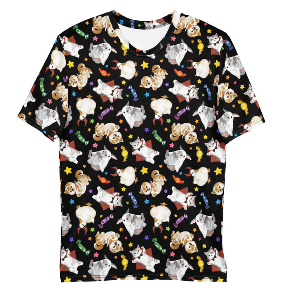 Men's Trick or Treaters T-shirt featuring playful designs, crafted from smooth, stretchy polyester for comfort.