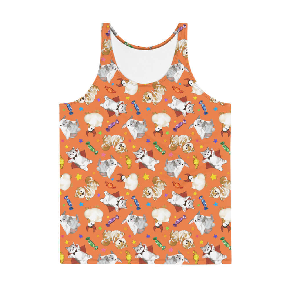 Men's Trick or Treaters Tank Top features vibrant colors and soft material, perfect for Halloween festivities.