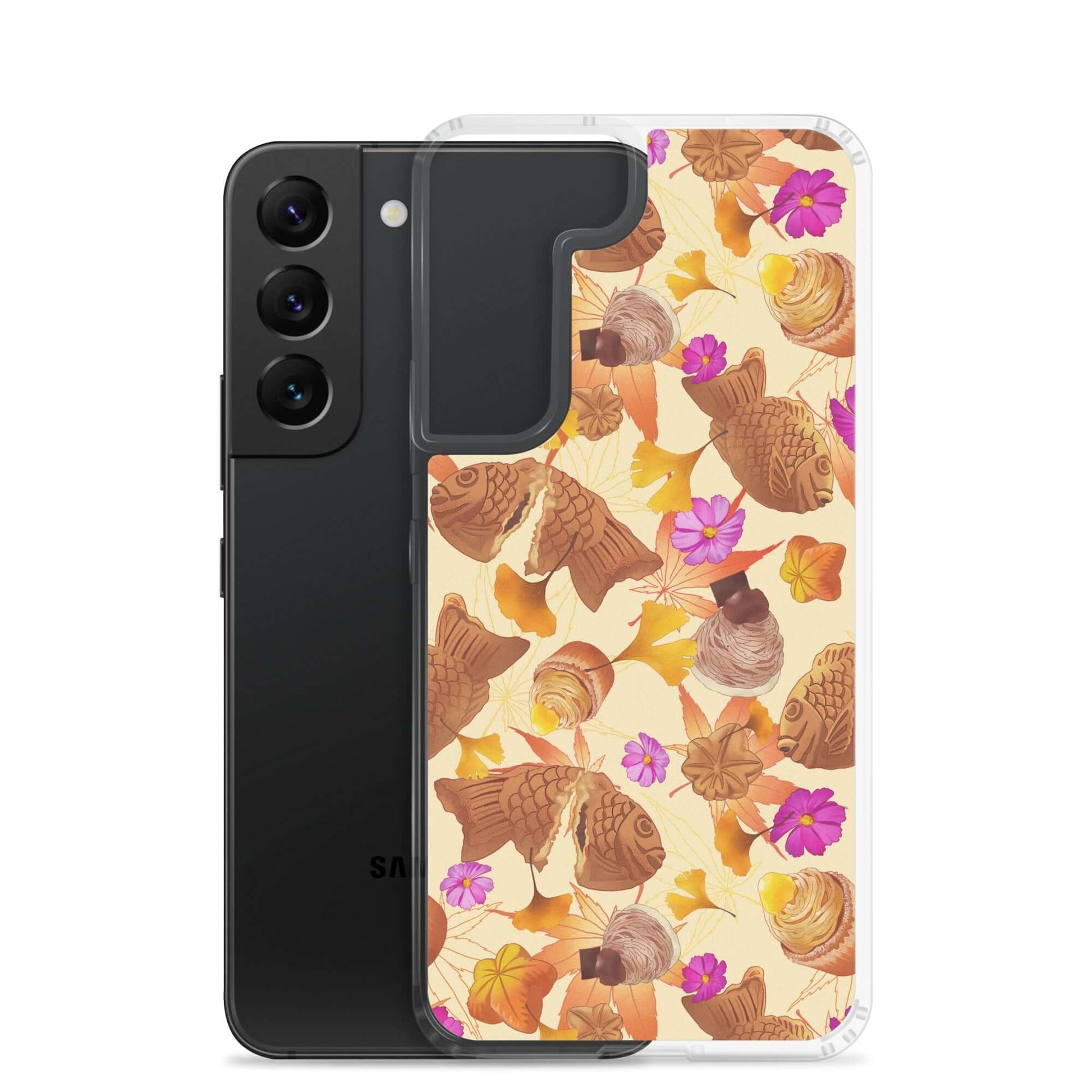 Sleek Momiji Samsung® Clear Case with floral design offers protection from scratches and easy access for Galaxy S22.