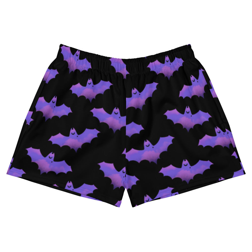 Stylish Morrigan Athletic Short Shorts featuring a bat print, perfect for showcasing your dark side at the gym.