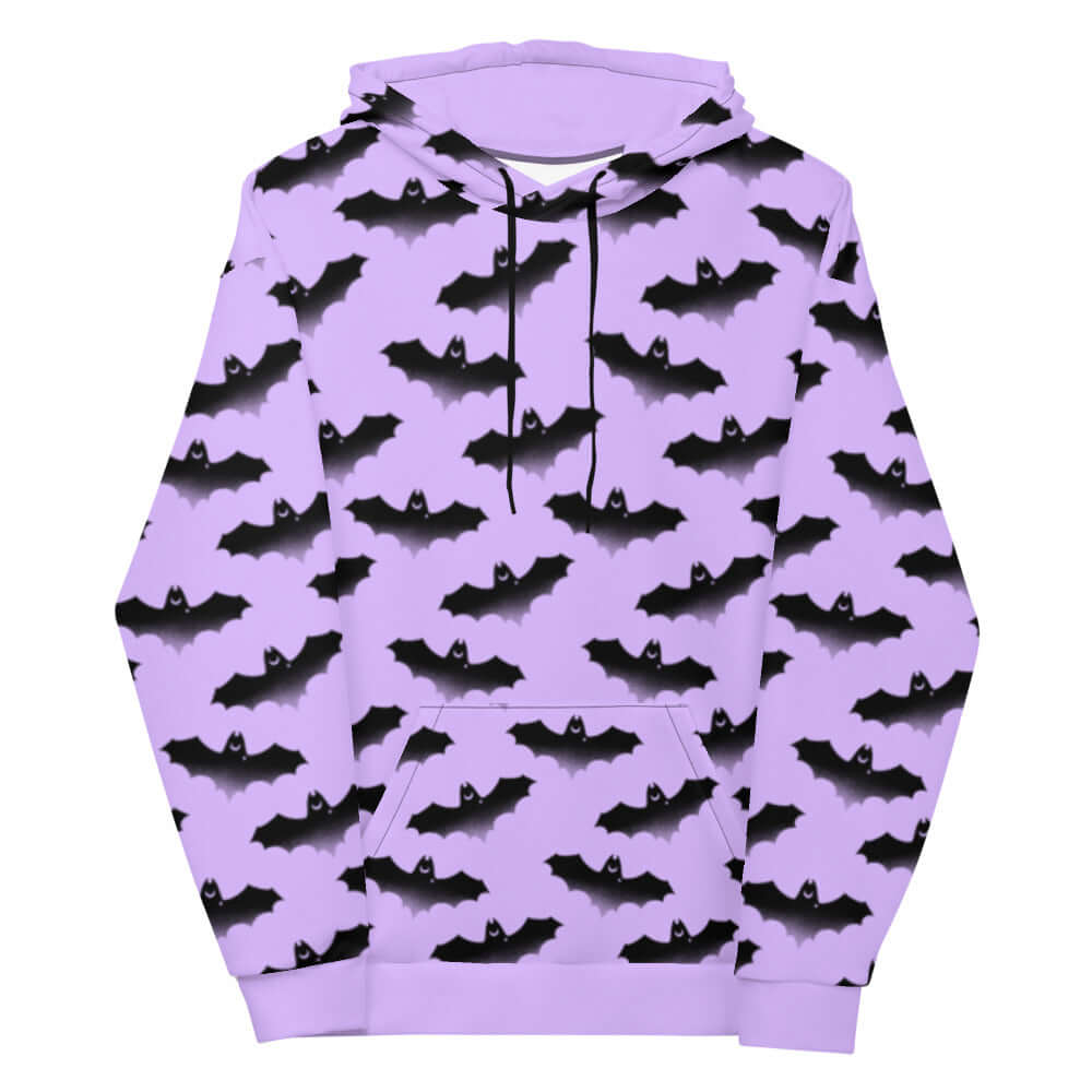 Cozy Morrigan Hoodie featuring a vibrant bat print, perfect for a versatile wardrobe staple. Ideal for fans of the dark!