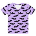 Stylish Morrigan T-shirt featuring whimsical bats against a pastel background, perfect for sunny outings.