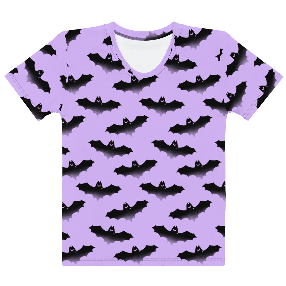 Stylish Morrigan T-shirt featuring whimsical bats against a pastel background, perfect for sunny outings.
