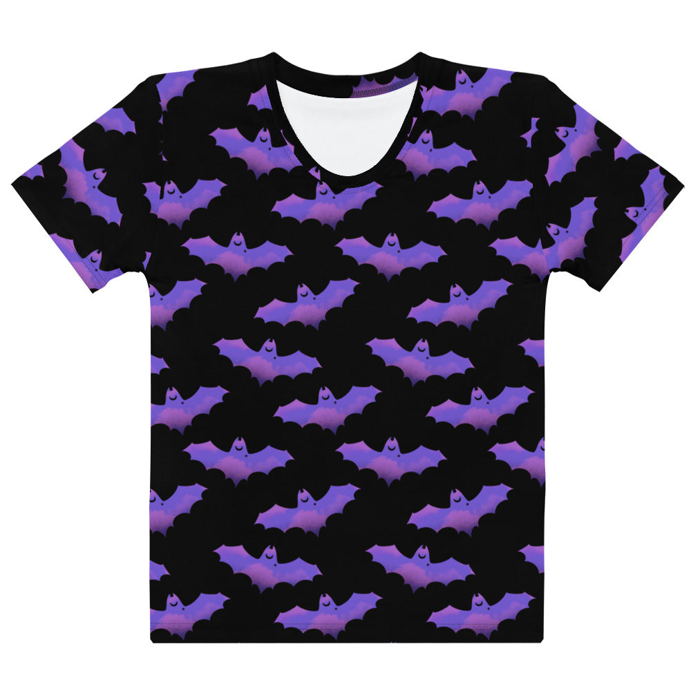 Adorable Morrigan T-shirt featuring playful bats, perfect for sunny days and comfortable wear.
