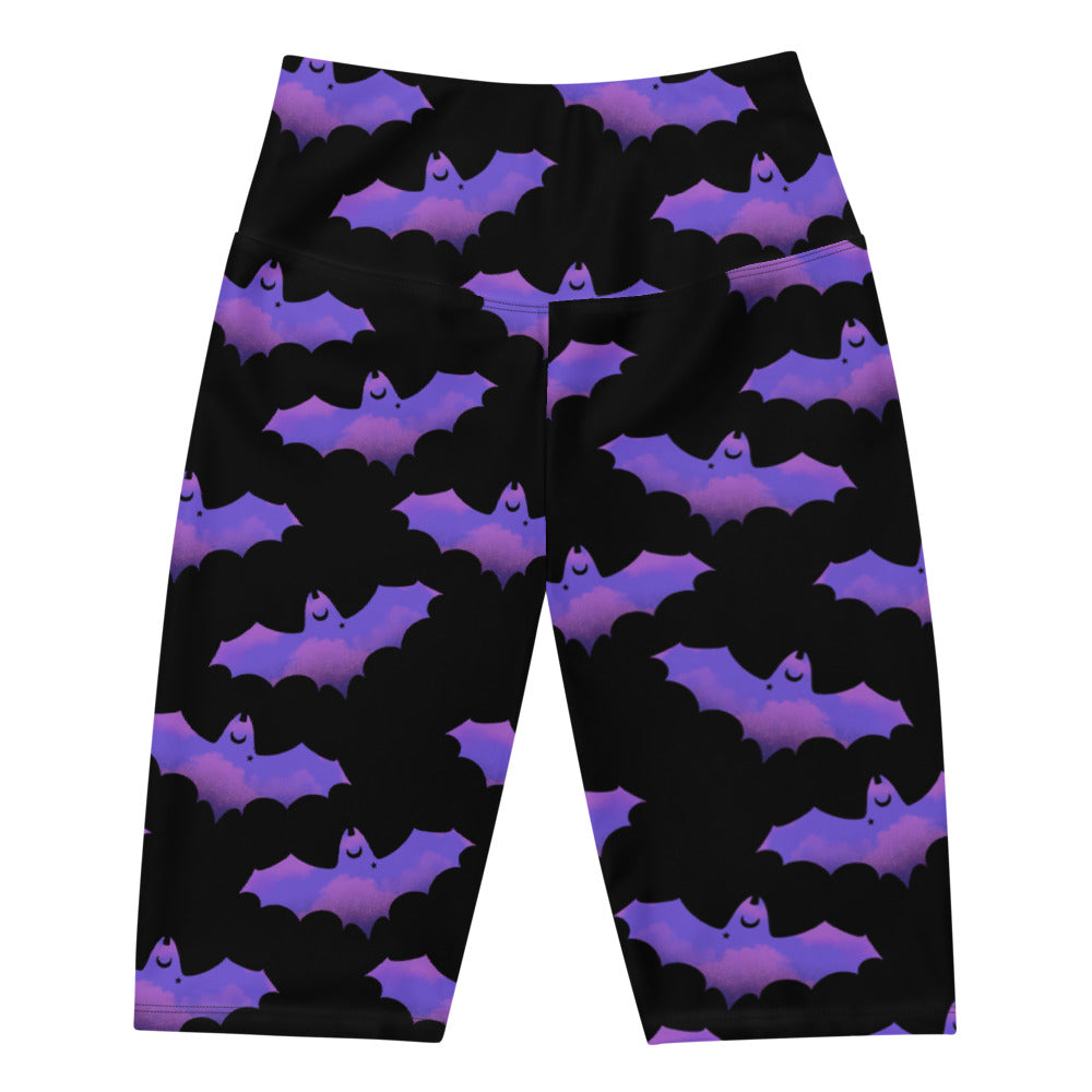 Morrigan Biker Shorts feature a unique bat print, perfect for a stylish and comfortable outfit. Ideal for pairing with any top.